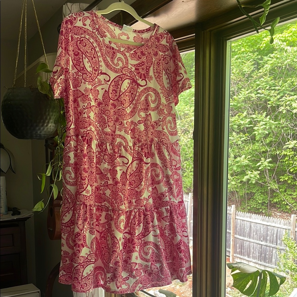 LuLaRoe Pink and White Ruffled Tiered Midi Sundress XXL